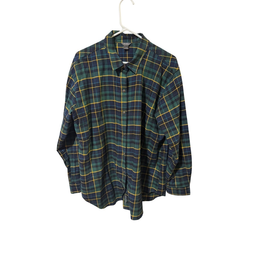 Eddie Bauer Size XL Flannel Shirt Green Navy Yellow Plaid Cotton Button Down